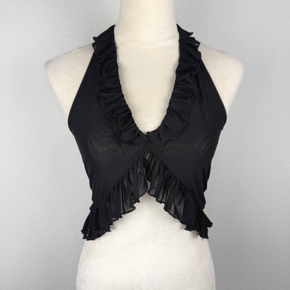 Peppermayo Tanya Mesh Frill Top Sheer V-Neck Crop Halter Top Chic Size Small